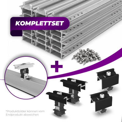K2 Systems MiniRail MK2 Montageset für 4 Solarmodule auf Trapezblechdach mit schwarz eloxierten End- und Mittelklemmen.
