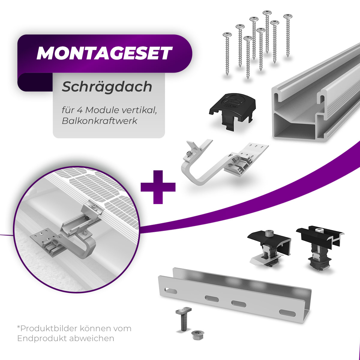 K2 Systems Schrägdach Montageset für Balkonkraftwerk mit SingleRail 36 Montageschienen, SingleHook 3S Dachhaken und Modulklemmungen für 4 Solarmodule auf Ziegel- und Pfannendächern.