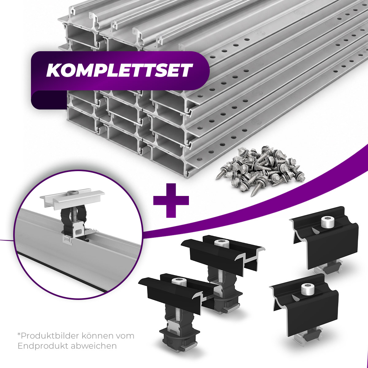 K2 Systems MiniRail MK2 Montageset für 4 Solarmodule auf Trapezblechdach mit schwarz eloxierten End- und Mittelklemmen.