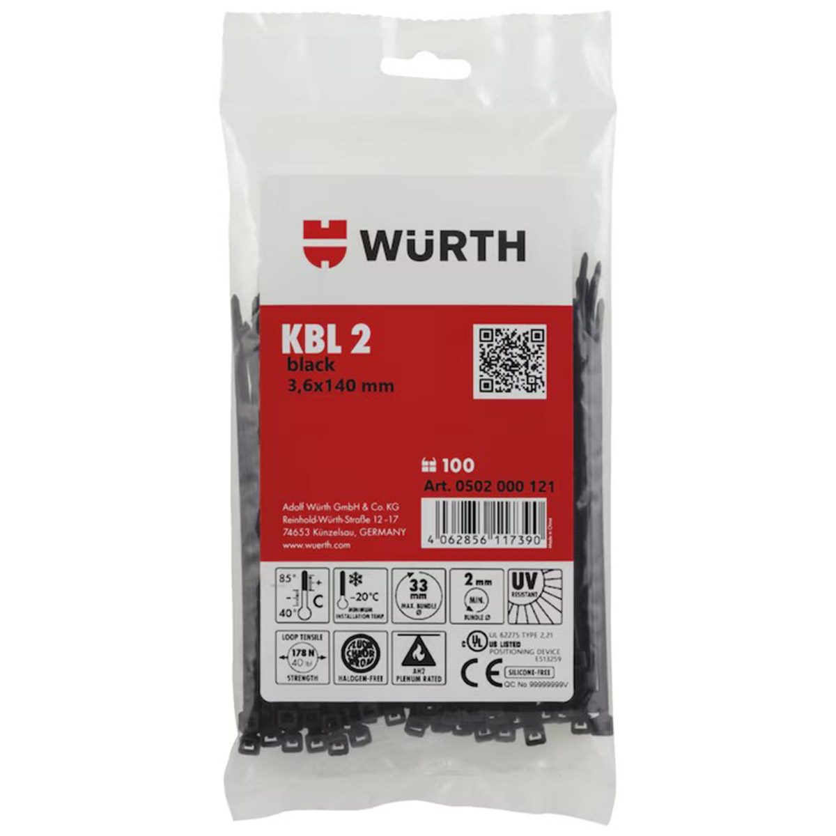Würth Kabelbinder schwarz 3,6x140 mm Packung 100 Stück